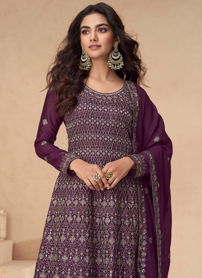 Purple Chinnon Silk Sharara Suit with Dupatta -Perfect for Indian Wedding & Pakistani Festival