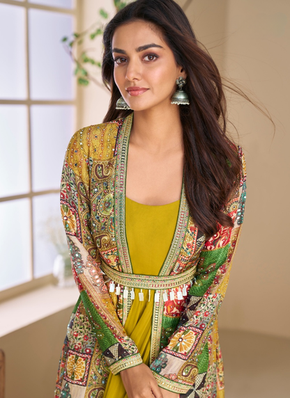 Designer Yellow Georgette Anarkali Gown with Multicolor Long Shrug