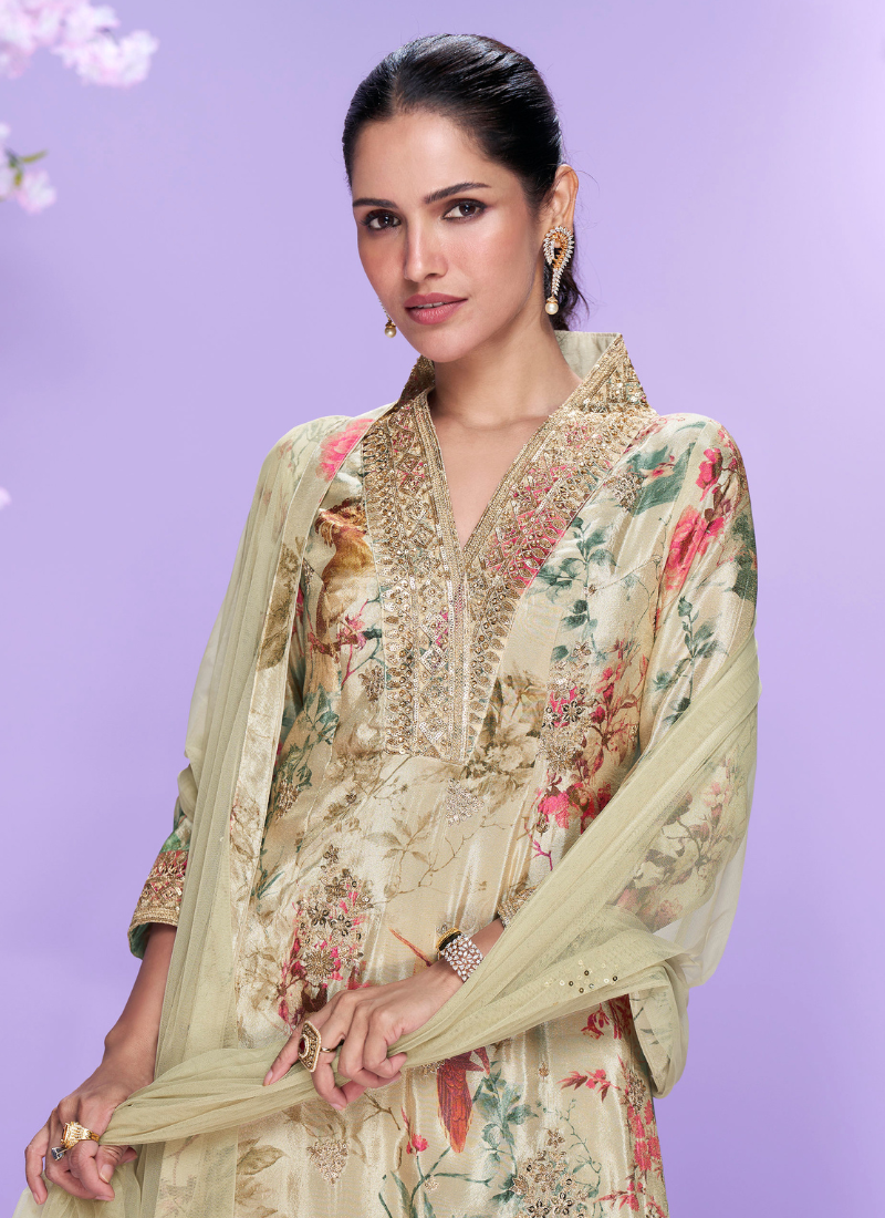 Beige Floral Chinon Silk Palazzo Suit with Embroidered Neckline For Indian Wedding and Pakistani Festival