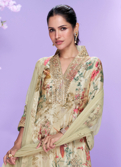 Beige Floral Chinon Silk Palazzo Suit with Embroidered Neckline For Indian Wedding and Pakistani Festival