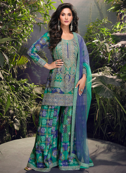Buy Teal Green Chinnon Silk  Embroidery Sharara Suit with Dupatta for Pakistani Festivals and Indian Weddings