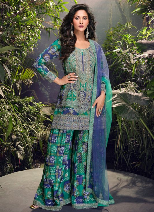 Buy Teal Green Chinnon Silk  Embroidery Sharara Suit with Dupatta for Pakistani Festivals and Indian Weddings 