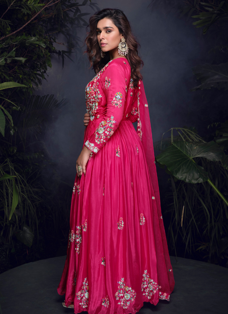 Pink Chinnon Silk Embroidered Gown with Dupatta for Indian Festivals and Pakistani Weddings