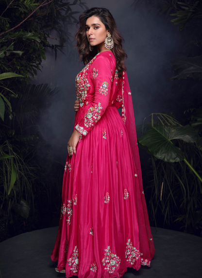 Pink Chinnon Silk Embroidered Gown with Dupatta for Indian Festivals and Pakistani Weddings