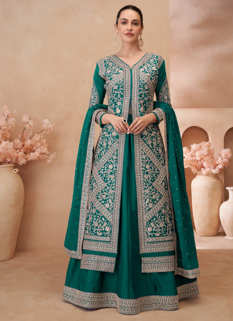 Green Chinnon Embroidered Anarkali Suit Dupatta for Indian Festivals and Pakistani Weddings 