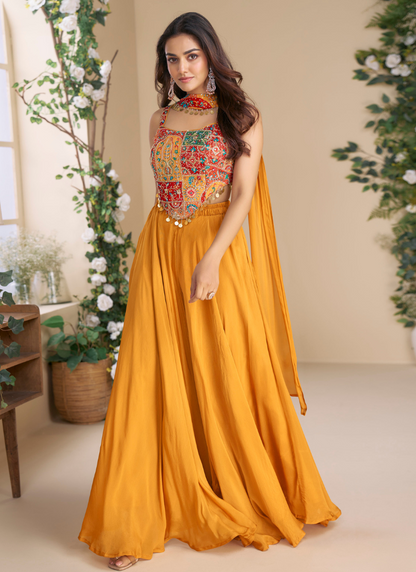 Mustard Yellow Chinon Silk Indo-Western Designer Wear for Indian & Pakistani Wedding Functions