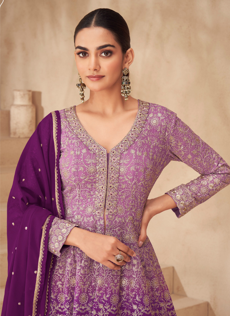 Designer Purple Georgette Sharara Suit with Dupatta for Indian Festivals & Pakistani Weddings