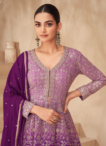 Designer Purple Georgette Sharara Suit with Dupatta for Indian Festivals & Pakistani Weddings