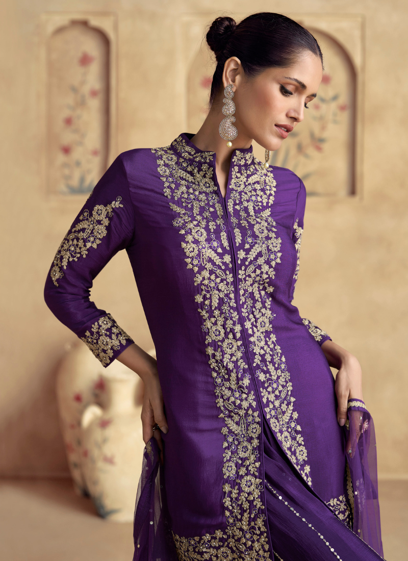 Designer Purple Chinnon Silk Embroidered Sharara Suit with Dupatta – Perfect for Indian Wedding & Pakistani Festival