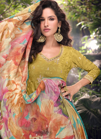 Mustard Chinnon Silk Sharara Suit with Floral Dupatta -Perfect for Indian Wedding & Pakistani Festival