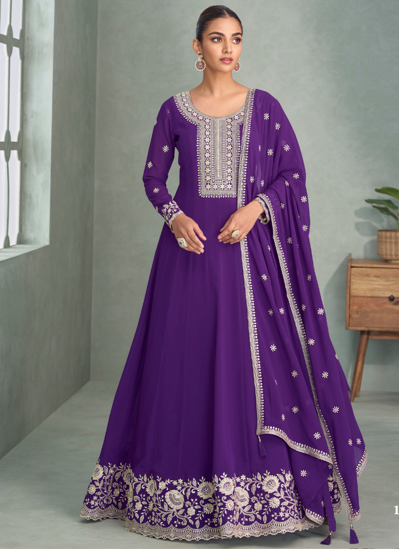 Purple Georgette Anarkali Suit with Dupatta for Indian Festival and Pakistani Wedding