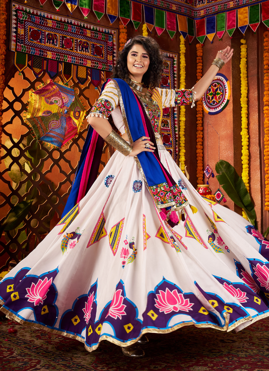 White Navratri Chaniya Choli with Multi Patch Lace & Mirror Work