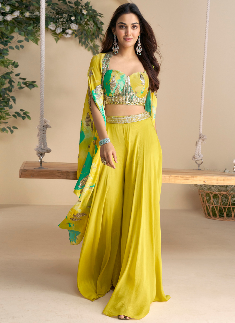 Cape Style Chinon Sharara Set with Embroidered Blouse & Printed Shrug