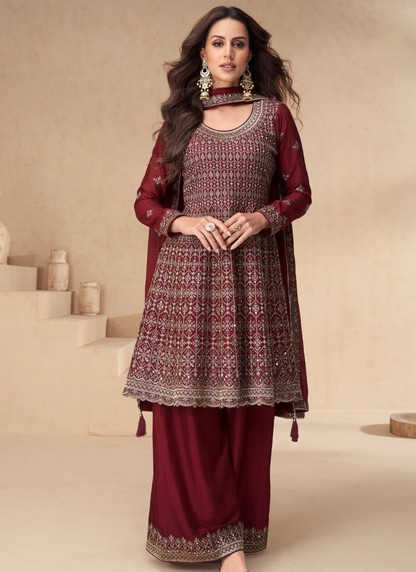 Buy OnineRed Chinnon Silk Sharara Suit with Dupatta at Bindyaa