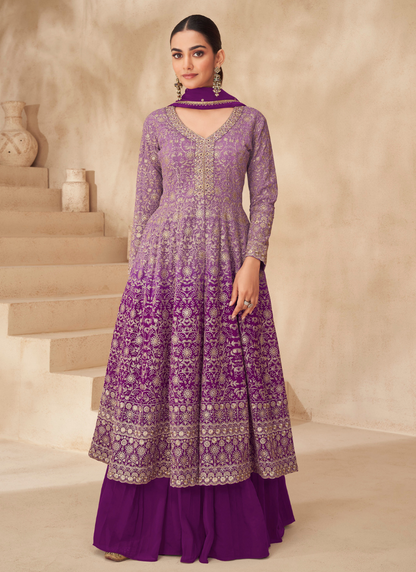 Designer Purple Georgette Sharara Suit with Dupatta for Indian Festivals & Pakistani Weddings