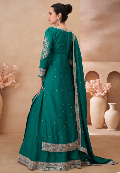 Green Chinnon Embroidered Anarkali Suit Dupatta for Indian Festivals and Pakistani Weddings