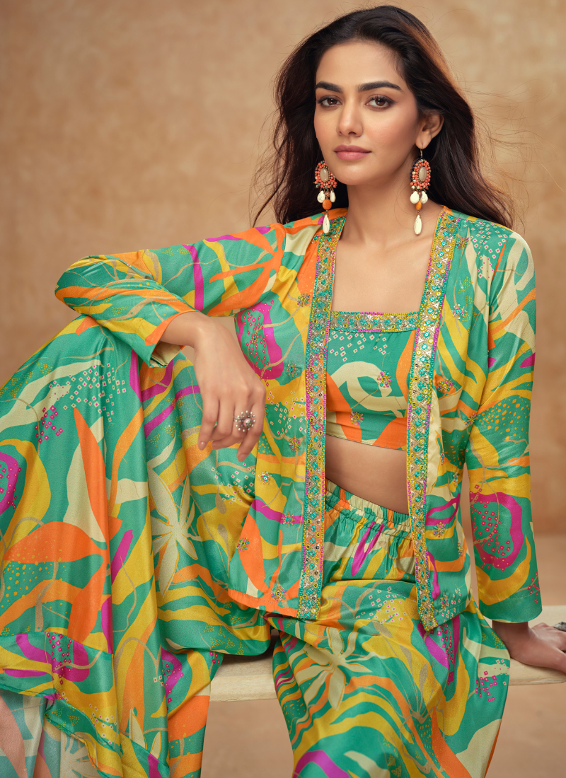 Tropical Multi-Color Chinon Silk Palazzo Set with Crop Top & Shrug