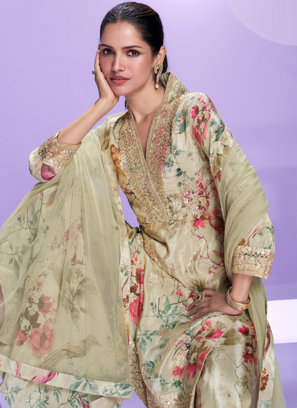 Beige Floral Chinon Silk Palazzo Suit with Embroidered Neckline For Indian Wedding and Pakistani Festival
