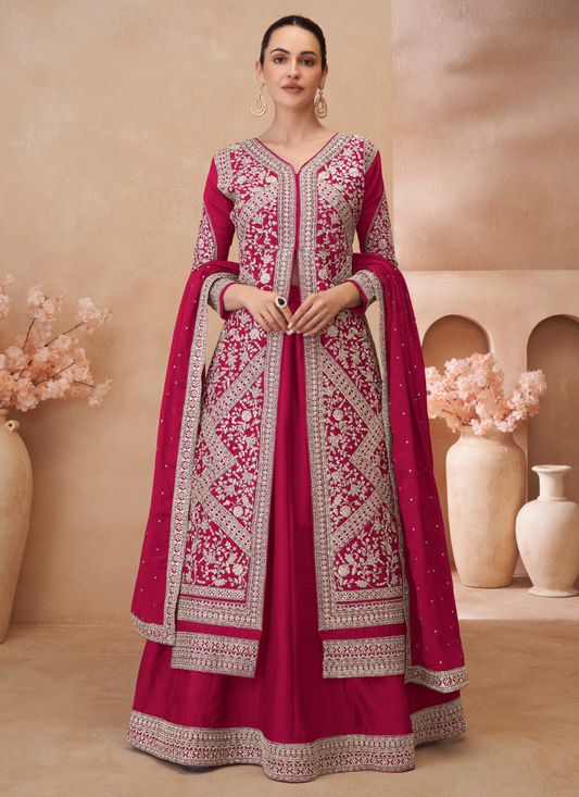 Pink Chinnon Embroidered Anarkali Suit Dupatta for Indian Festivals and Pakistani Weddings 