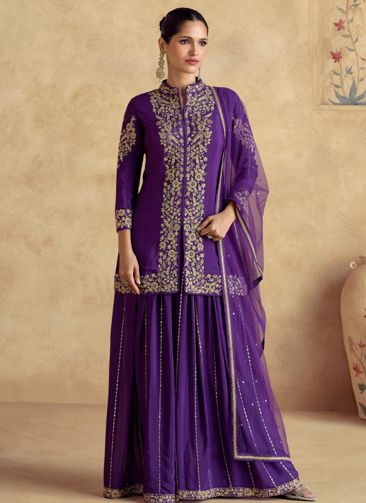 Designer Purple Chinnon Silk Embroidered Sharara Suit with Dupatta – Perfect for Indian Wedding & Pakistani Festival