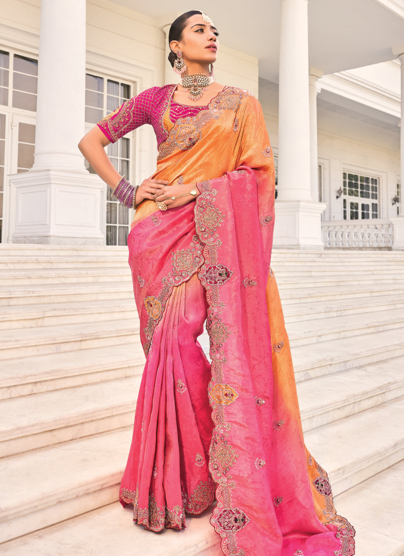 Rani Pink and Orange Pure Silk Embroidered Saree with Matching Blouse-Moti, Jarkan, Thread Heavy Work 