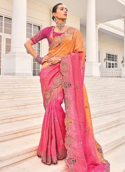 Rani Pink and Orange Pure Silk Embroidered Saree with Matching Blouse-Moti, Jarkan, Thread Heavy Work 