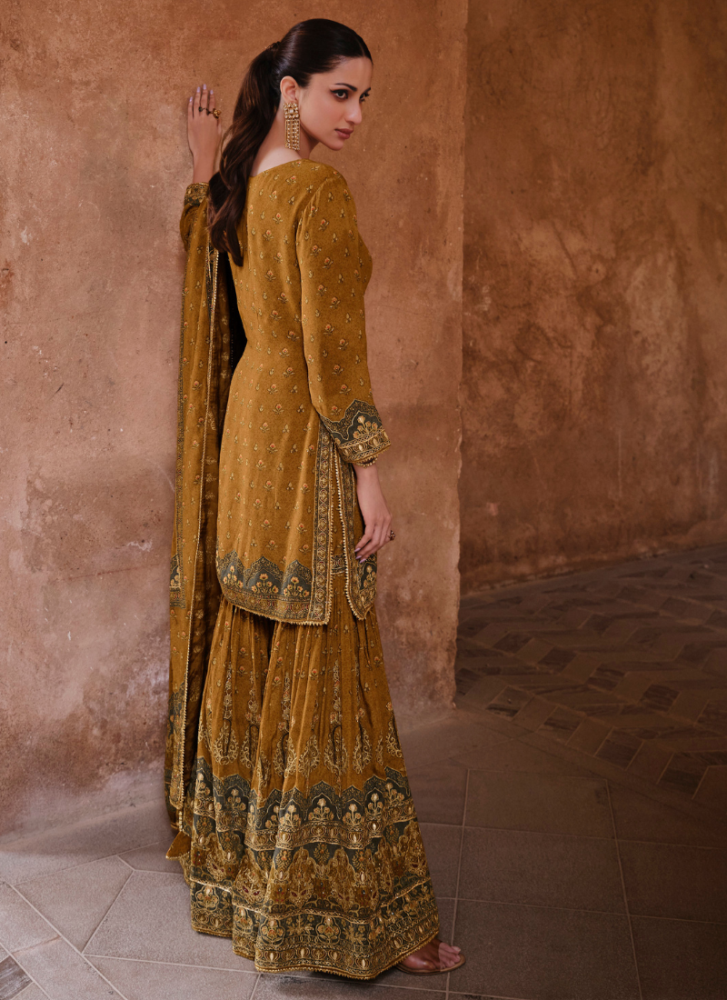 Designer Yellow Crepe Silk Embroidered Sharara Suit with Dupatta for Pakistani Weddings and Indian Festivals