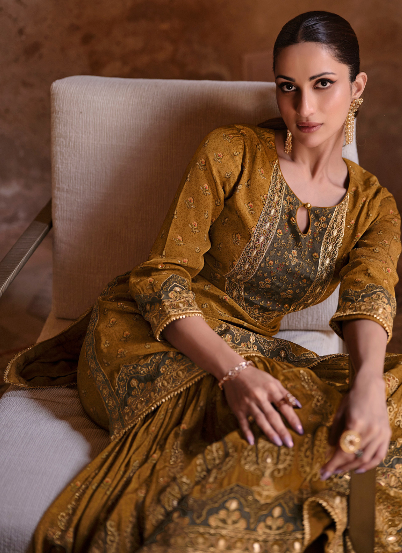 Designer Yellow Crepe Silk Embroidered Sharara Suit with Dupatta for Pakistani Weddings and Indian Festivals