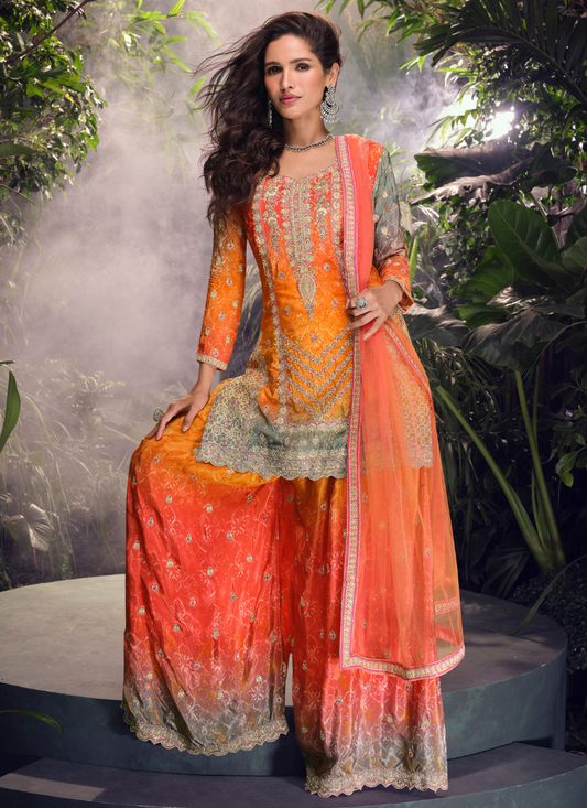 Buy Orange Chinnon Silk  Embroidery Sharara Suit with Dupatta for Pakistani Festivals and Indian Weddings