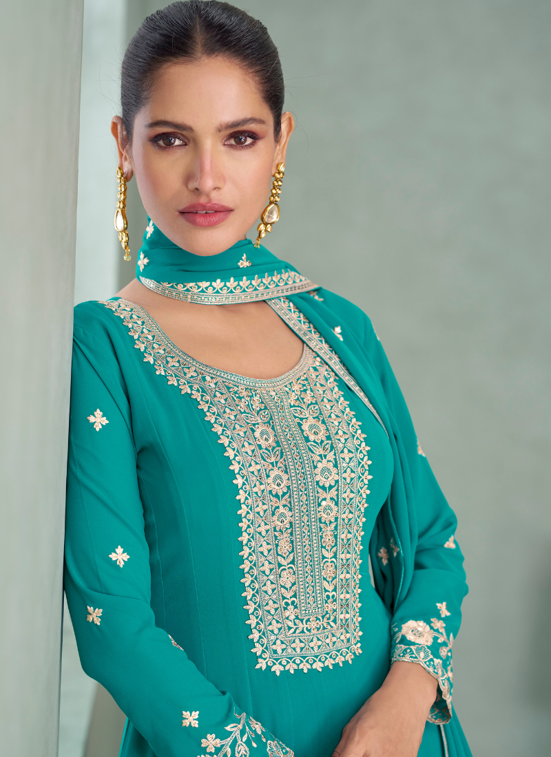 Teal Green Georgette Anarkali Suit with Dupatta for Indian Festival and Pakistani Wedding