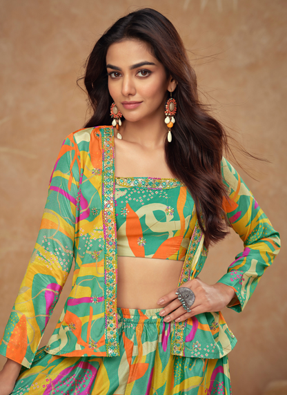Tropical Multi-Color Chinon Silk Palazzo Set with Crop Top & Shrug