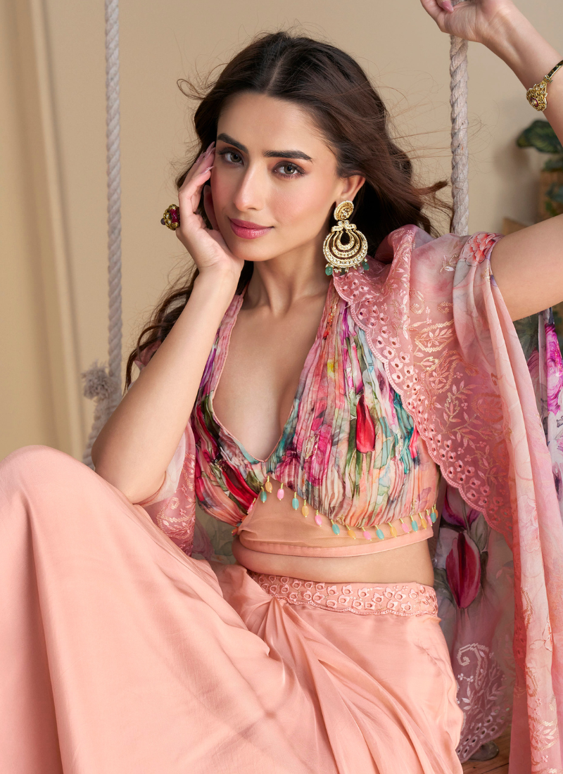 Blush Pink Cape Style Chinon Sharara Set with Floral Cape
