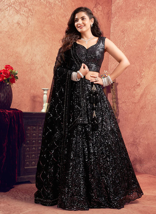 Black Lehenga Choli with Silver Sequins Embroidery for Weddings