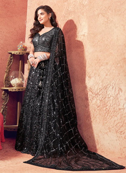 Black Lehenga Choli with Silver Sequins Embroidery for Weddings