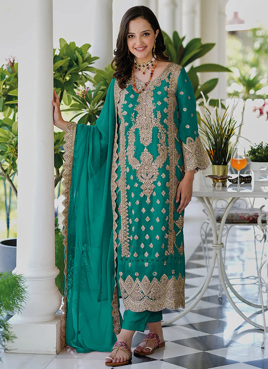 Chic Turquoise Multi-Embroidered Salwar Kameez Suit for Celebrations