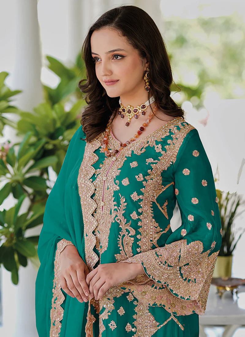 Chic Turquoise Multi-Embroidered Salwar Kameez Suit for Celebrations