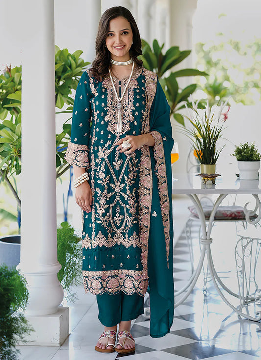 Chic Deep Green Multi-Embroidered Salwar Kameez Suit for Celebrations