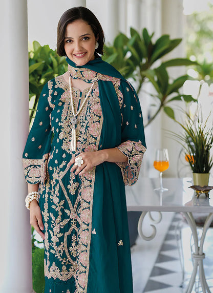 Chic Deep Green Multi-Embroidered Salwar Kameez Suit for Celebrations