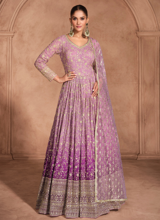 Purple Georgette Designer Anarkali Gown with Dupatta – Festive Party Wear with Embroidery for Pakistani Eid
