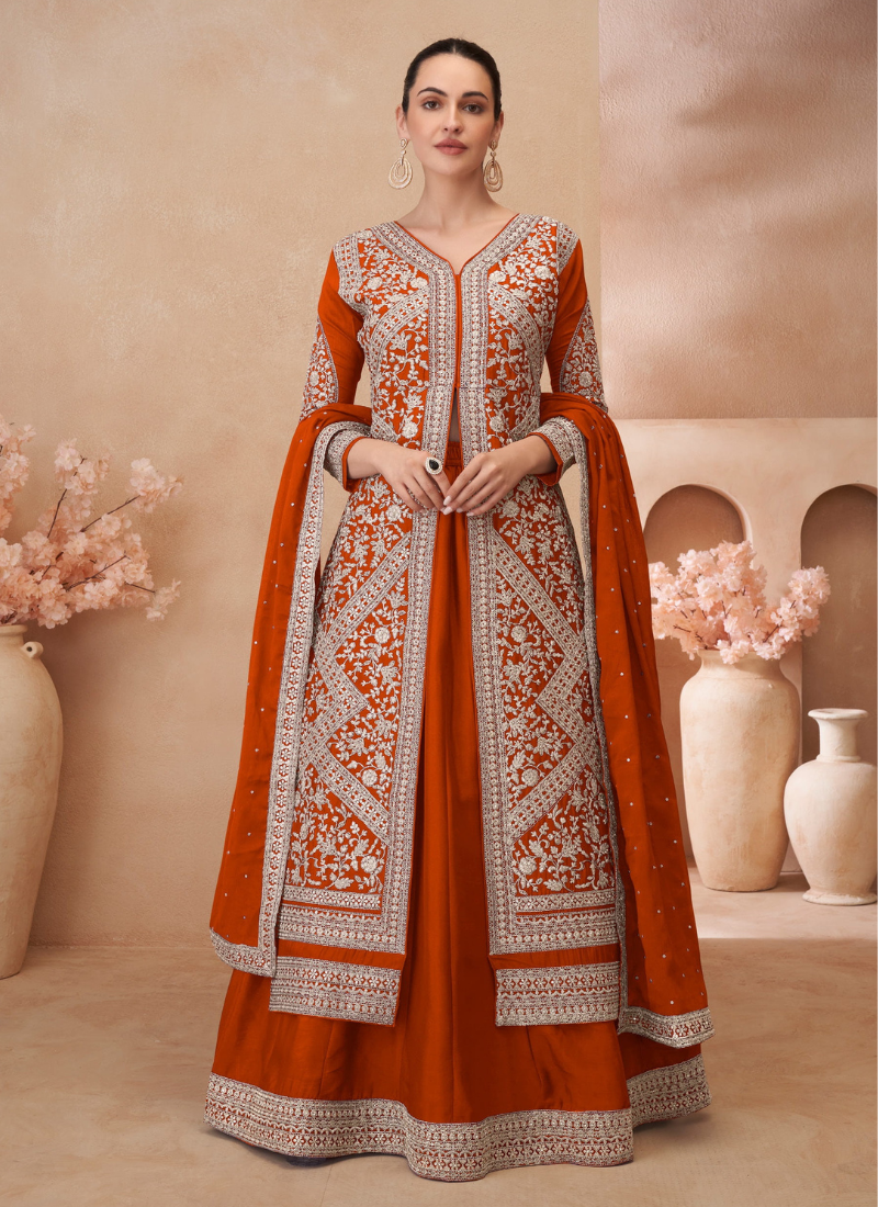 Orange Chinnon Embroidered Anarkali Suit Dupatta for Indian Festivals and Pakistani Weddings