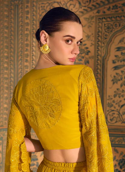 Designer Yellow Silk Embroidered Cape Style Plazzo Suit for Indian Festivals and Pakistani Weddings