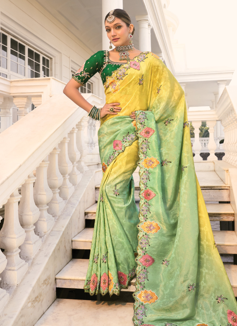  Lemon to Green Pure Silk Embroidered Saree with Matching Blouse-Jari, Cut-Dana, Moti Work 