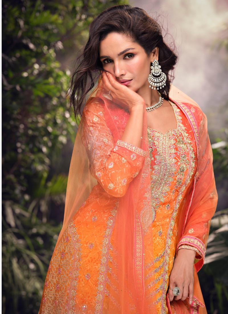 Orange Chinnon Silk  Embroidery Sharara Suit with Dupatta for Pakistani Festivals and Indian Weddings