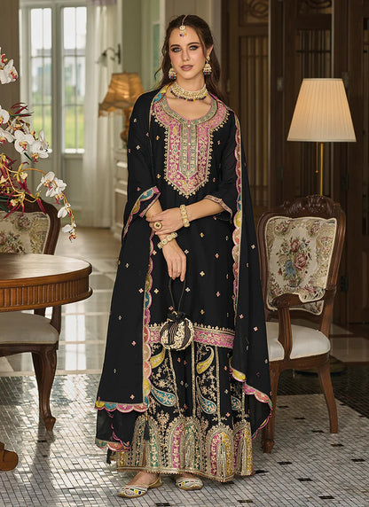 Black Palazzo Suit Featuring Multi-Resham Thread Embroidery