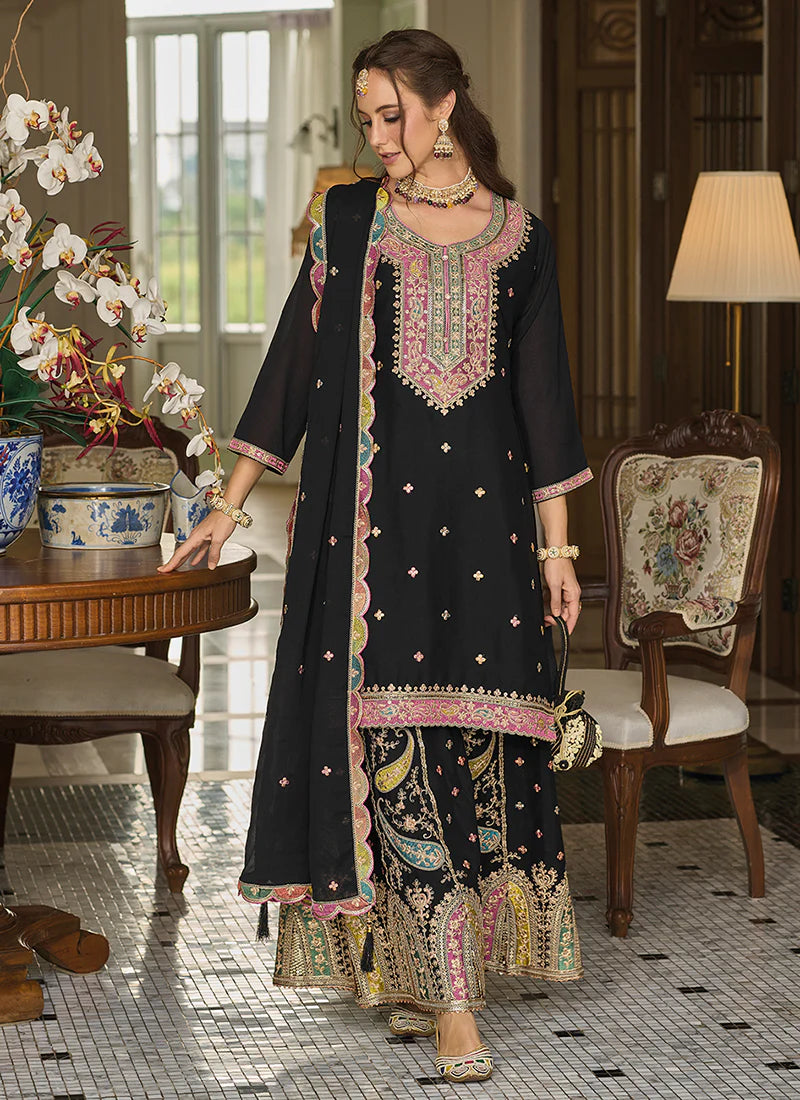 Black Palazzo Suit Featuring Multi-Resham Thread Embroidery