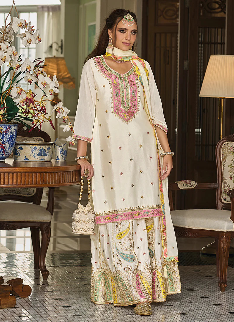 White Palazzo Suit Featuring Multi-Resham Thread Embroidery