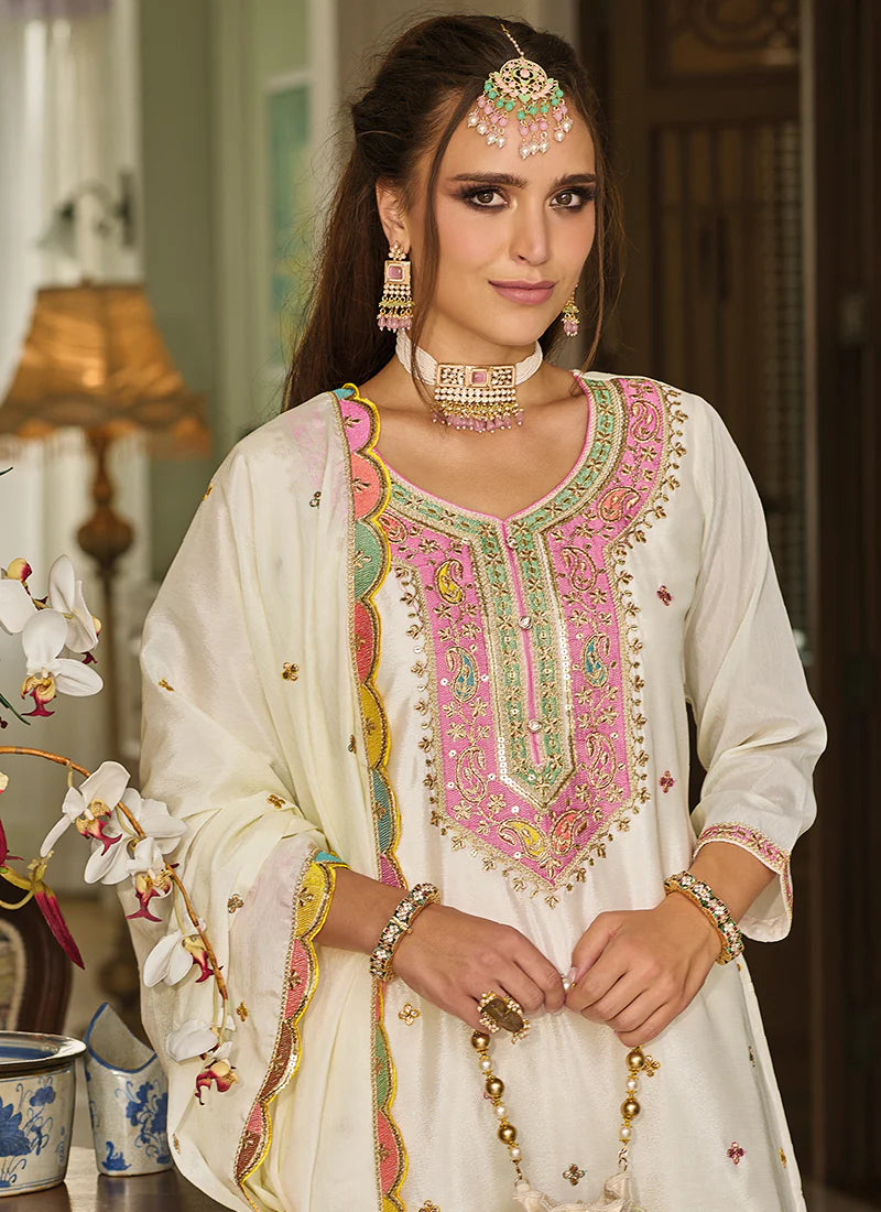 White Palazzo Suit Featuring Multi-Resham Thread Embroidery