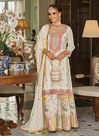 White Palazzo Suit Featuring Multi-Resham Thread Embroidery