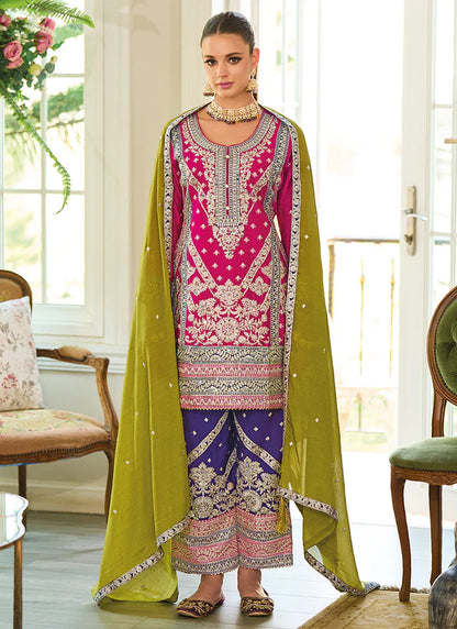 Pink and Purple Palazzo Suit Featuring Stunning Multicolored Embroidery