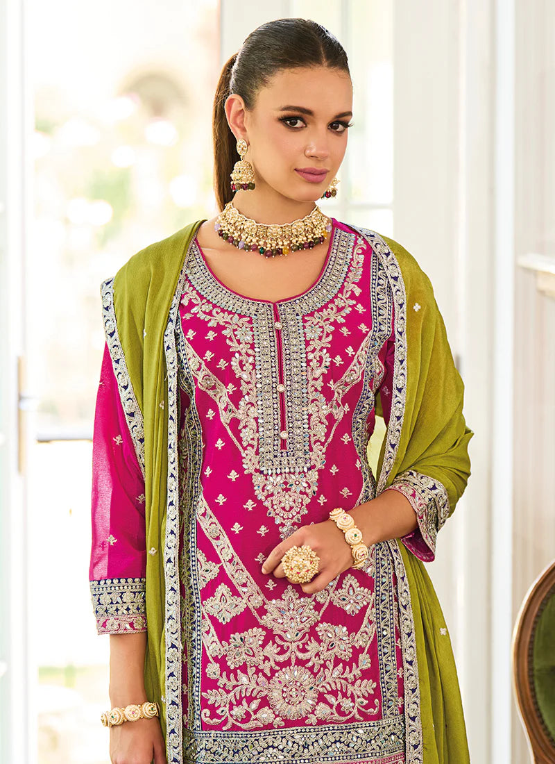 Pink and Purple Palazzo Suit Featuring Stunning Multicolored Embroidery